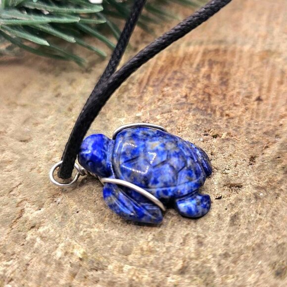 Nature Lapis Lazuli Carved Cute Turtle Wire Wrapped Pendant Necklace - Picture 5 of 10